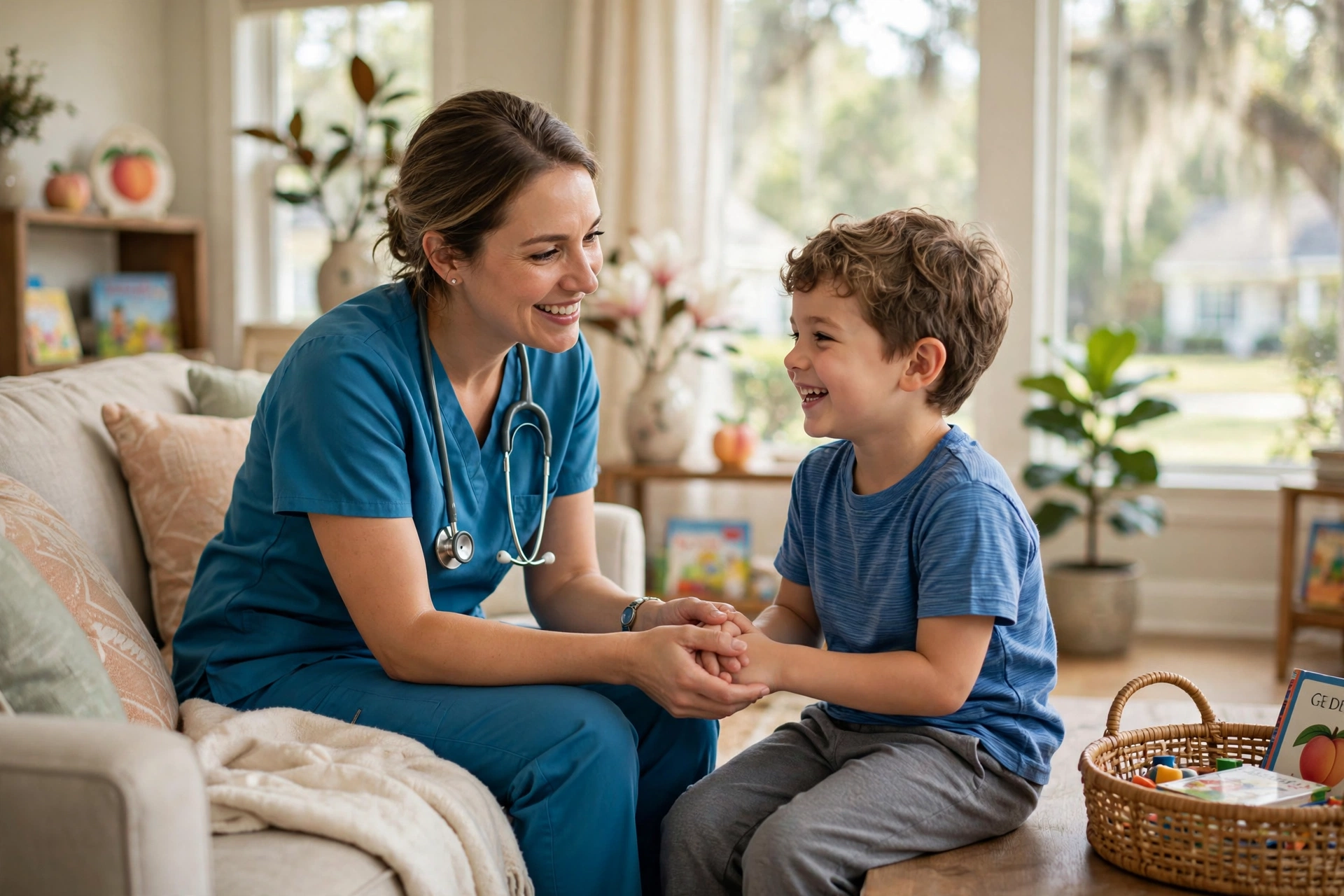 Pediatric nurse caring for a smiling child at home in Georgia, a helpful image for parents choosing pediatric home care agencies near me