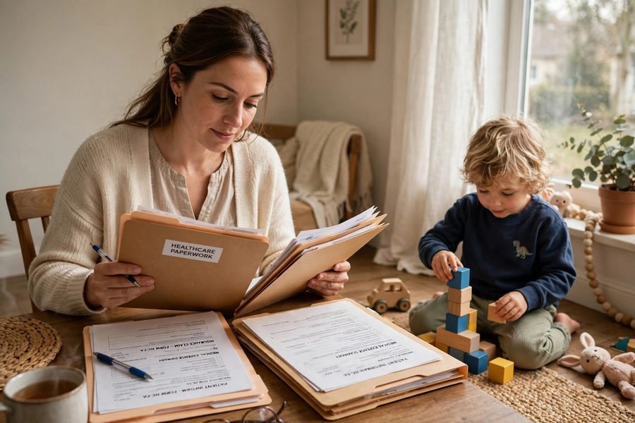 Mother reviewing healthcare paperwork at home with young child playing nearby