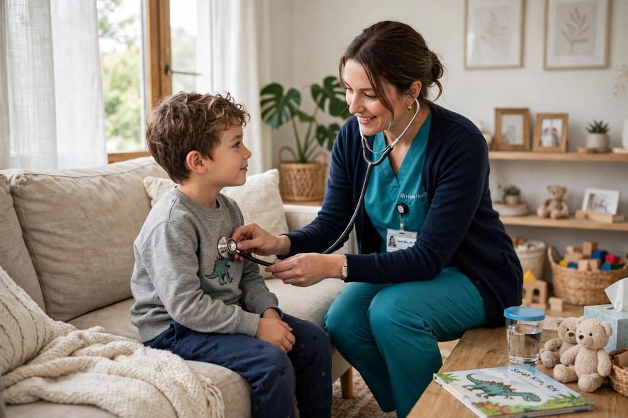 Home nurse gently checking a child with a stethoscope in a living room